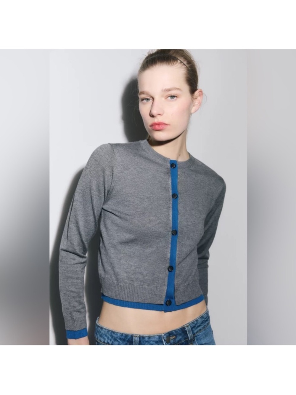 Zara Gray Cardigan with Blue Trim